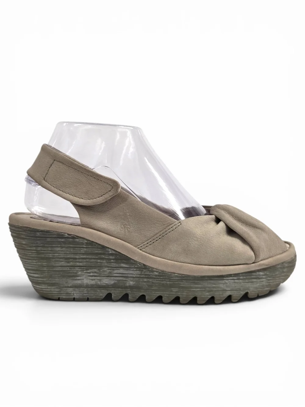FLY London YAKIN Leather Wedge Sandals Taupe Beige Peep Toe Platform 37 US 6.5/7
